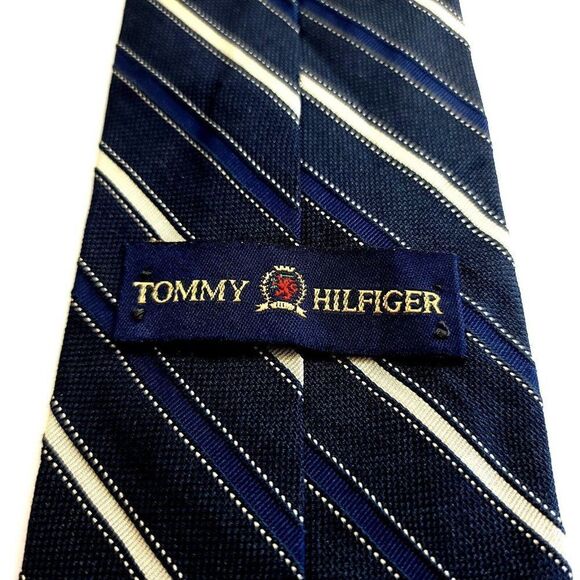 Tommy Hilfiger Woven Blue Tan Striped W/ Gray Two Tone Polka Dot Silk Tie - Picture 3 of 7